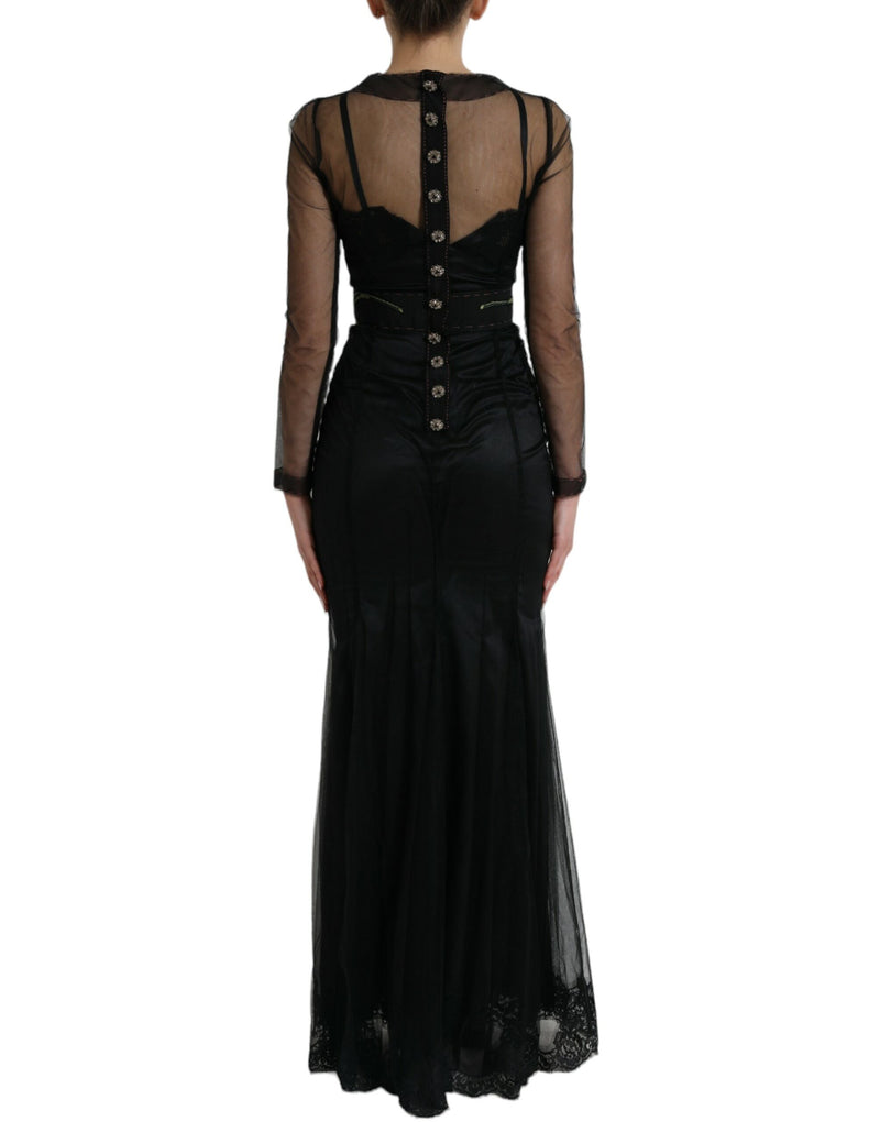 Dolce & Gabbana Robe Longue en Tulle Noir avec Broderie Florale