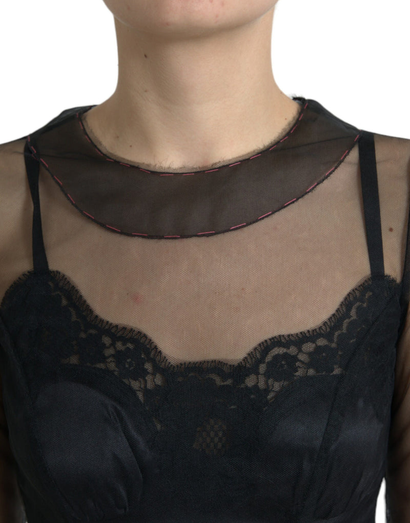 Dolce & Gabbana Robe Longue en Tulle Noir avec Broderie Florale