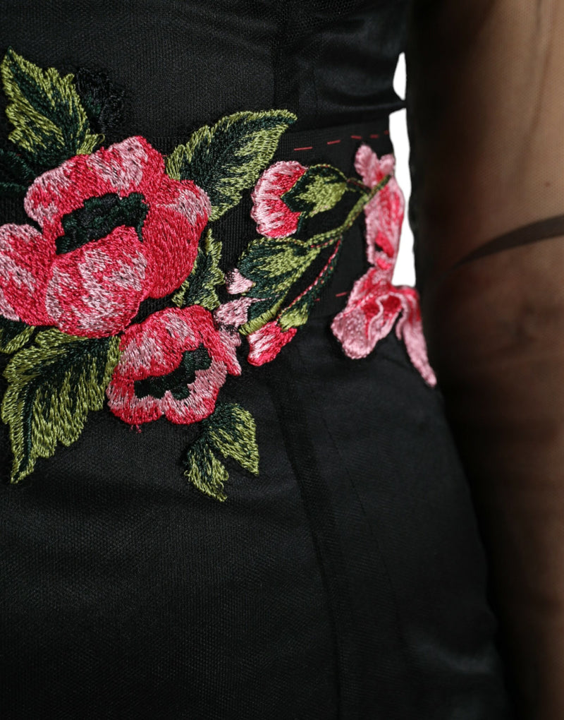 Dolce & Gabbana Robe Longue en Tulle Noir avec Broderie Florale