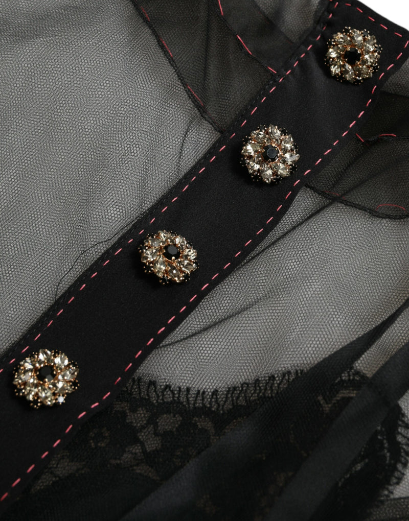 Dolce & Gabbana Robe Longue en Tulle Noir avec Broderie Florale