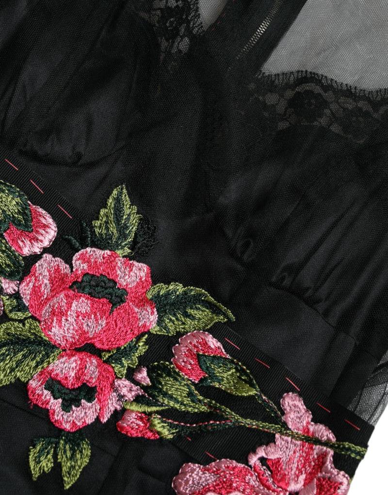Dolce & Gabbana Robe Longue en Tulle Noir avec Broderie Florale