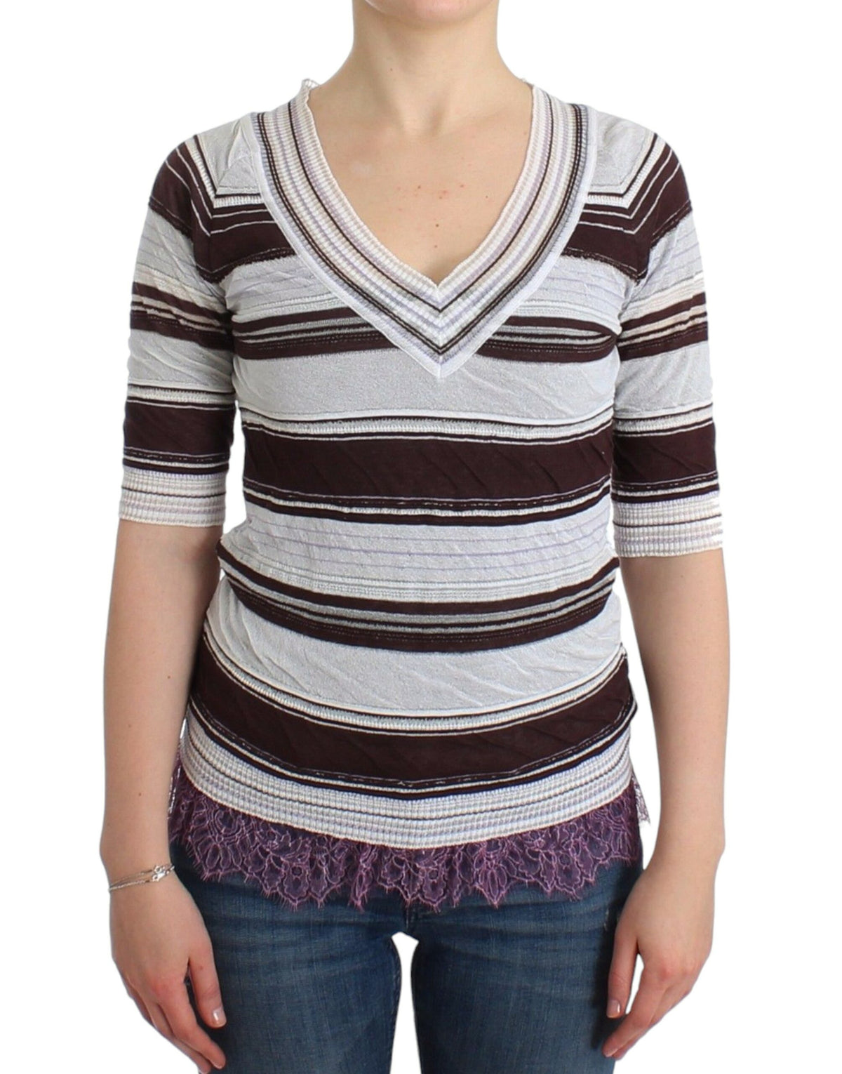 Pull en dentelle rayé à manches courtes et col en V d'Ermanno Scervino