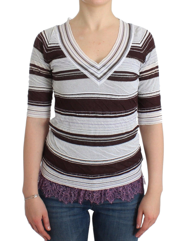 Pull en dentelle rayé à manches courtes et col en V d'Ermanno Scervino