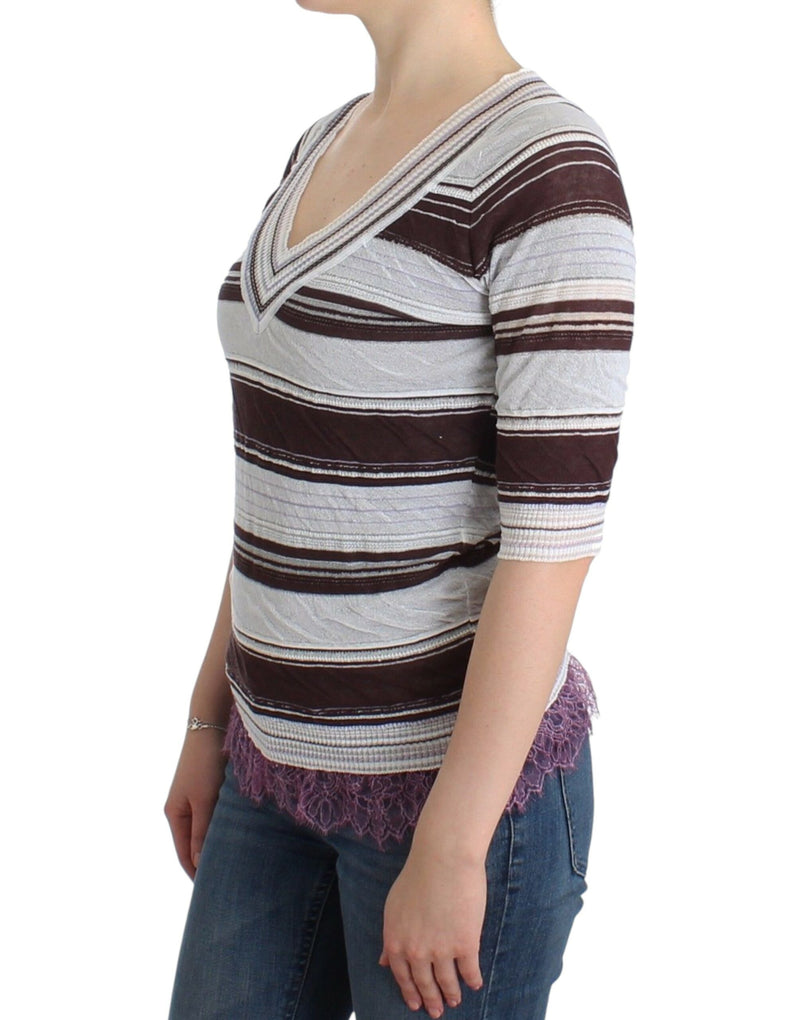 Pull en dentelle rayé à manches courtes et col en V d'Ermanno Scervino