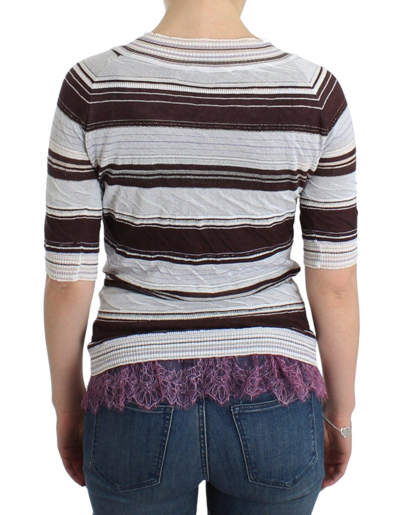 Pull en dentelle rayé à manches courtes et col en V d'Ermanno Scervino
