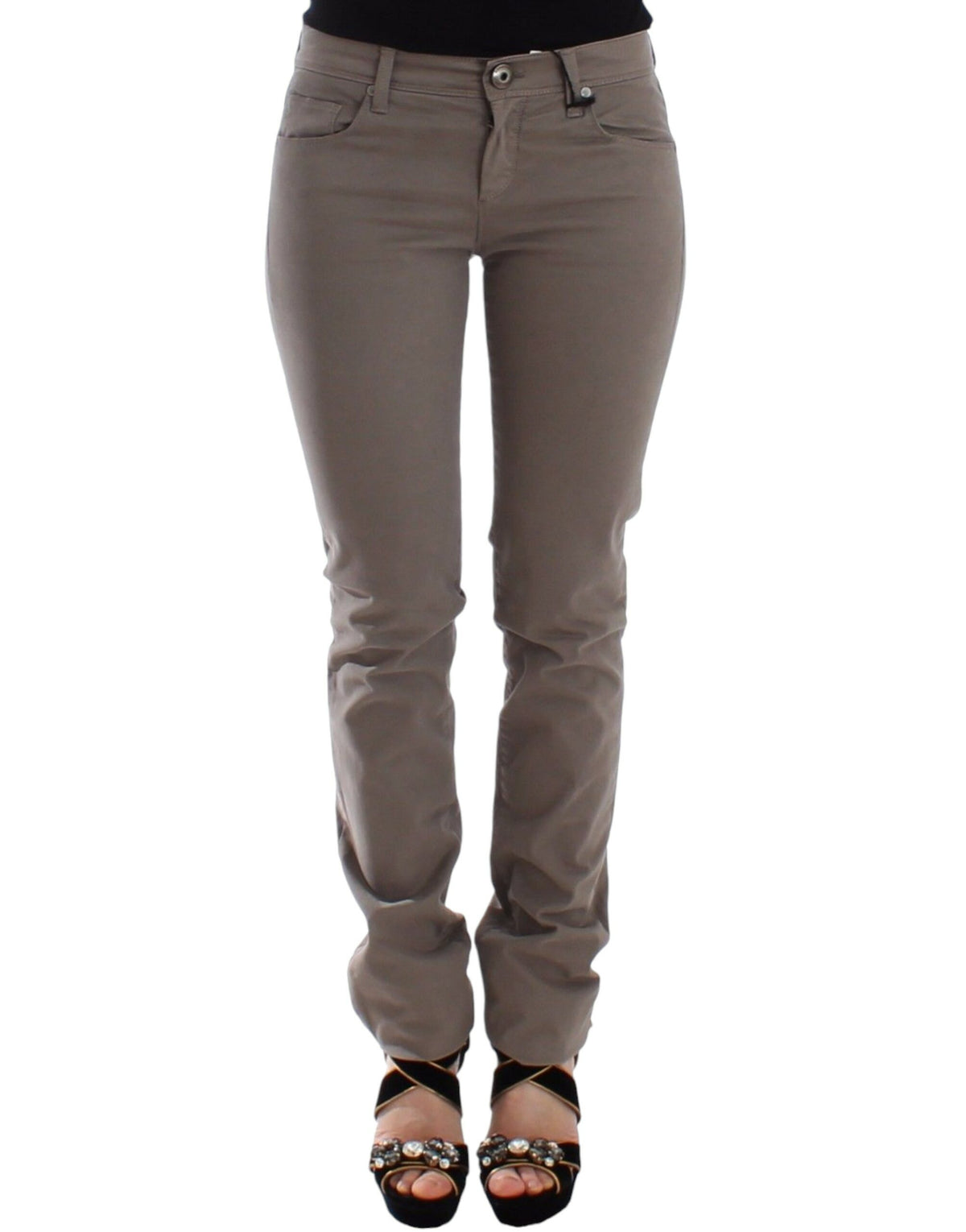 Pantalon en jean slim beige taupe Ermanno Scervino, coupe skinny.