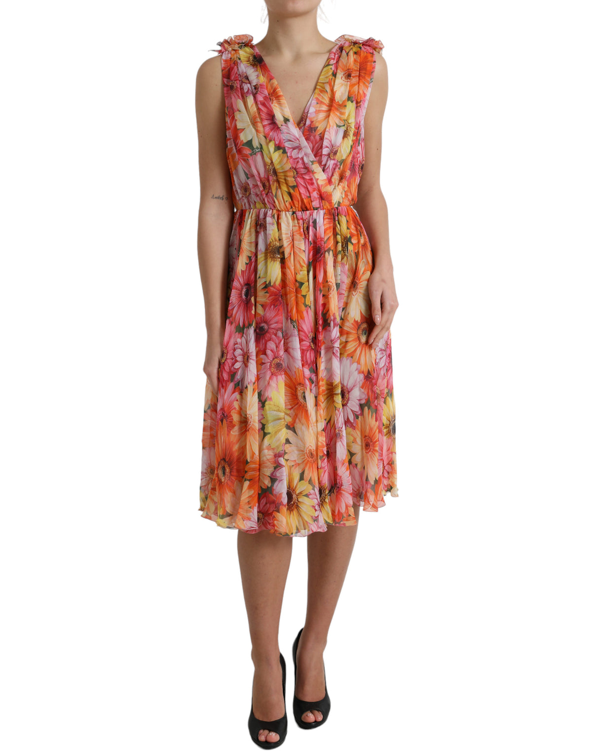 Robe Midi en Soie Multicolore à Imprimé Tournesol Dolce & Gabbana