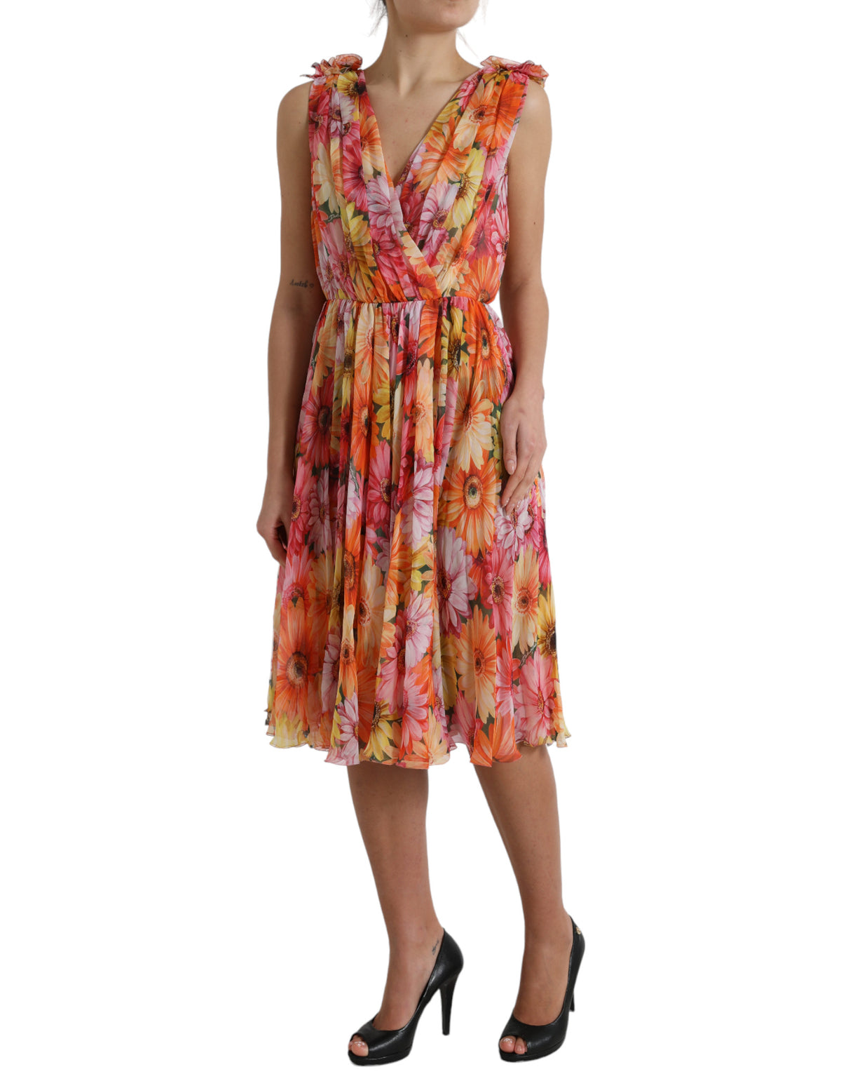 Robe Midi en Soie Multicolore à Imprimé Tournesol Dolce & Gabbana