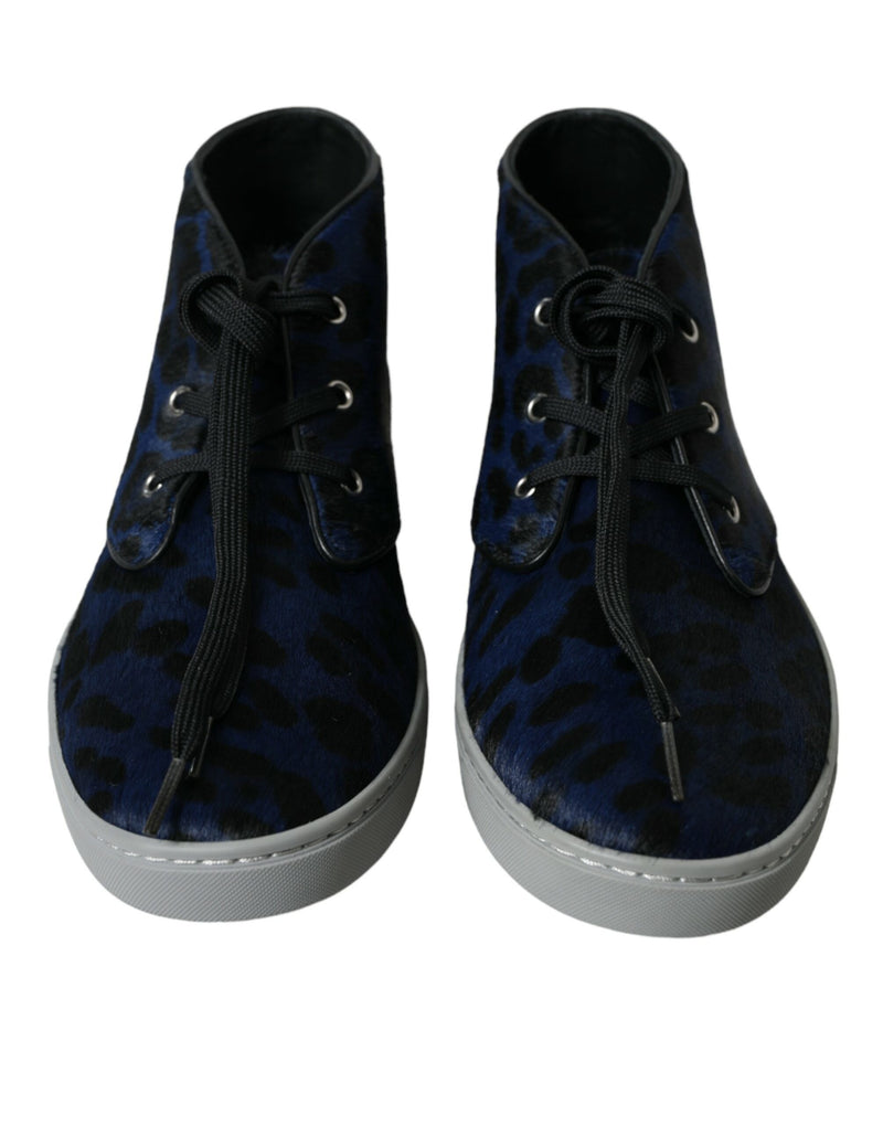 Dolce & Gabbana Blue Calfskin Leopard Mid Top Sneakers