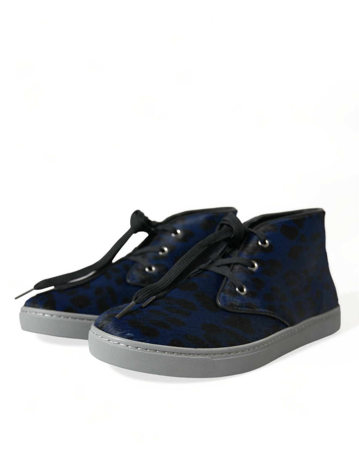 Dolce & Gabbana Blue Calfskin Leopard Mid Top Sneakers
