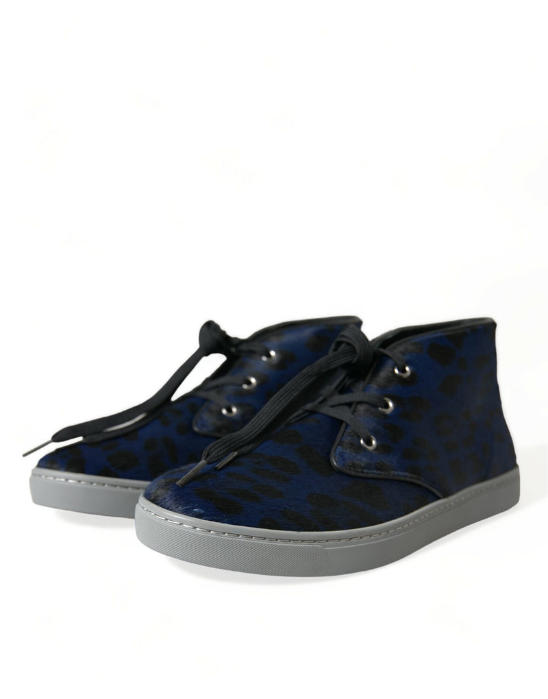 Dolce & Gabbana Blue Calfskin Leopard Mid Top Sneakers