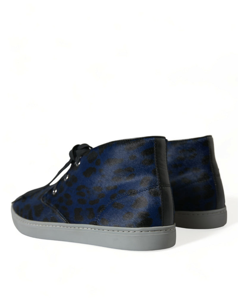 Dolce & Gabbana Blue Calfskin Leopard Mid Top Sneakers