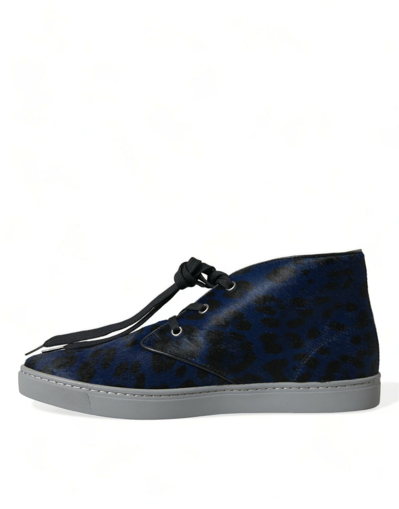 Dolce & Gabbana Blue Calfskin Leopard Mid Top Sneakers