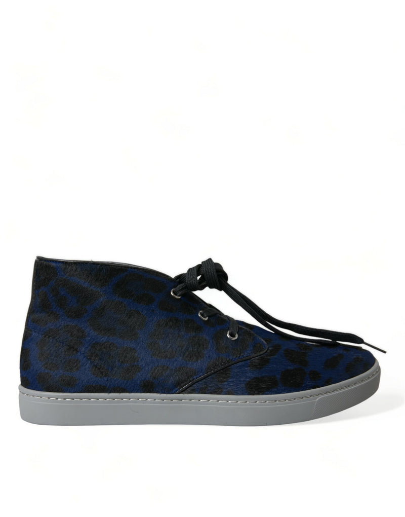Dolce & Gabbana Blue Calfskin Leopard Mid Top Sneakers