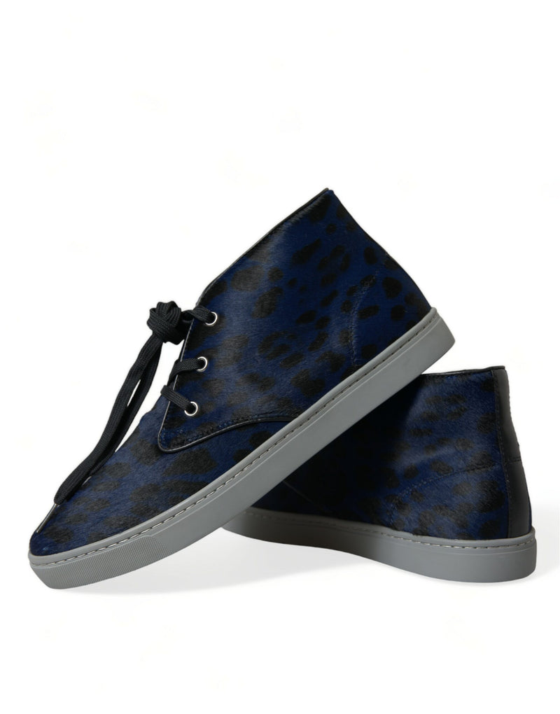 Dolce & Gabbana Blue Calfskin Leopard Mid Top Sneakers