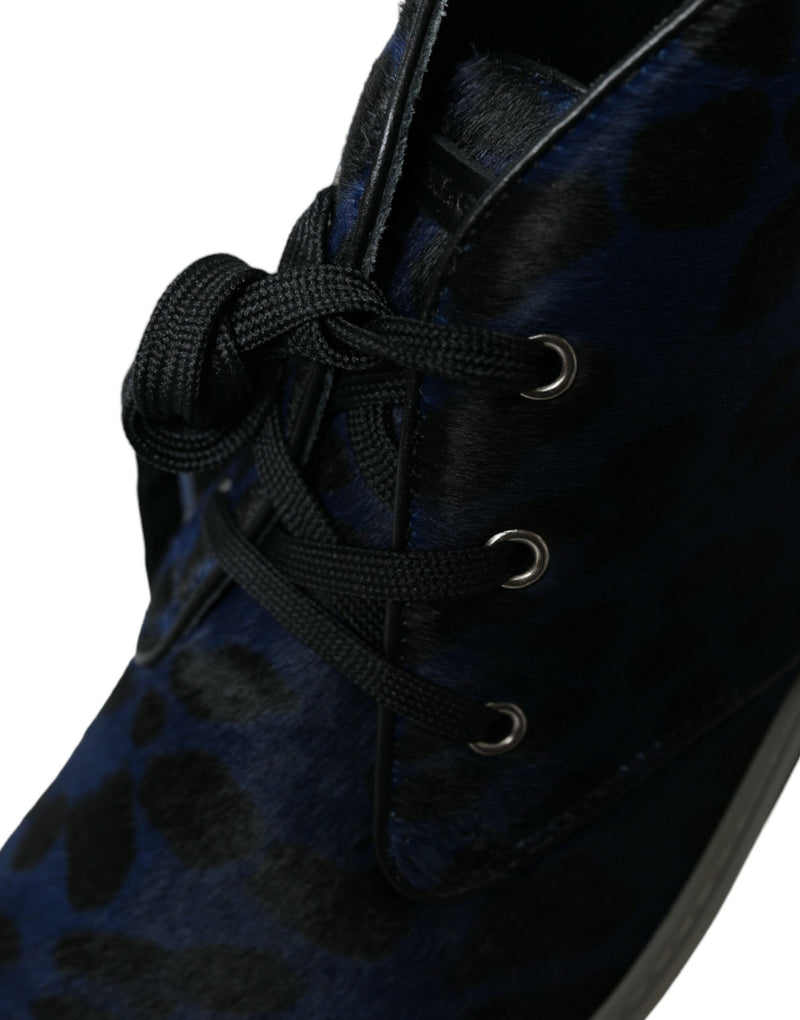 Dolce & Gabbana Blue Calfskin Leopard Mid Top Sneakers