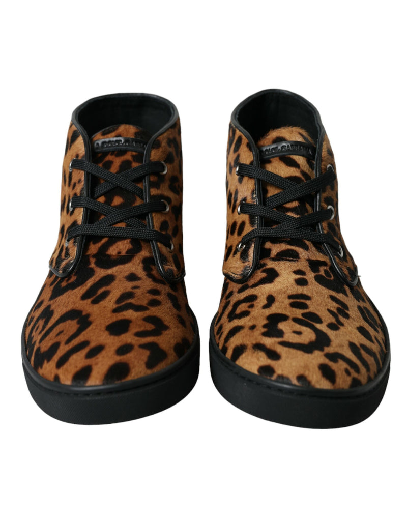 Dolce & Gabbana Sneakers en Cuir et Cheval Épais Léopard Marron