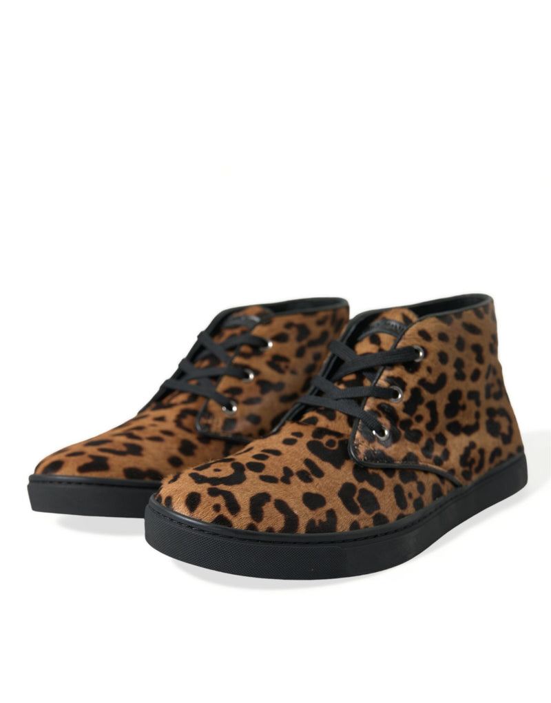 Dolce & Gabbana Sneakers en Cuir et Cheval Épais Léopard Marron