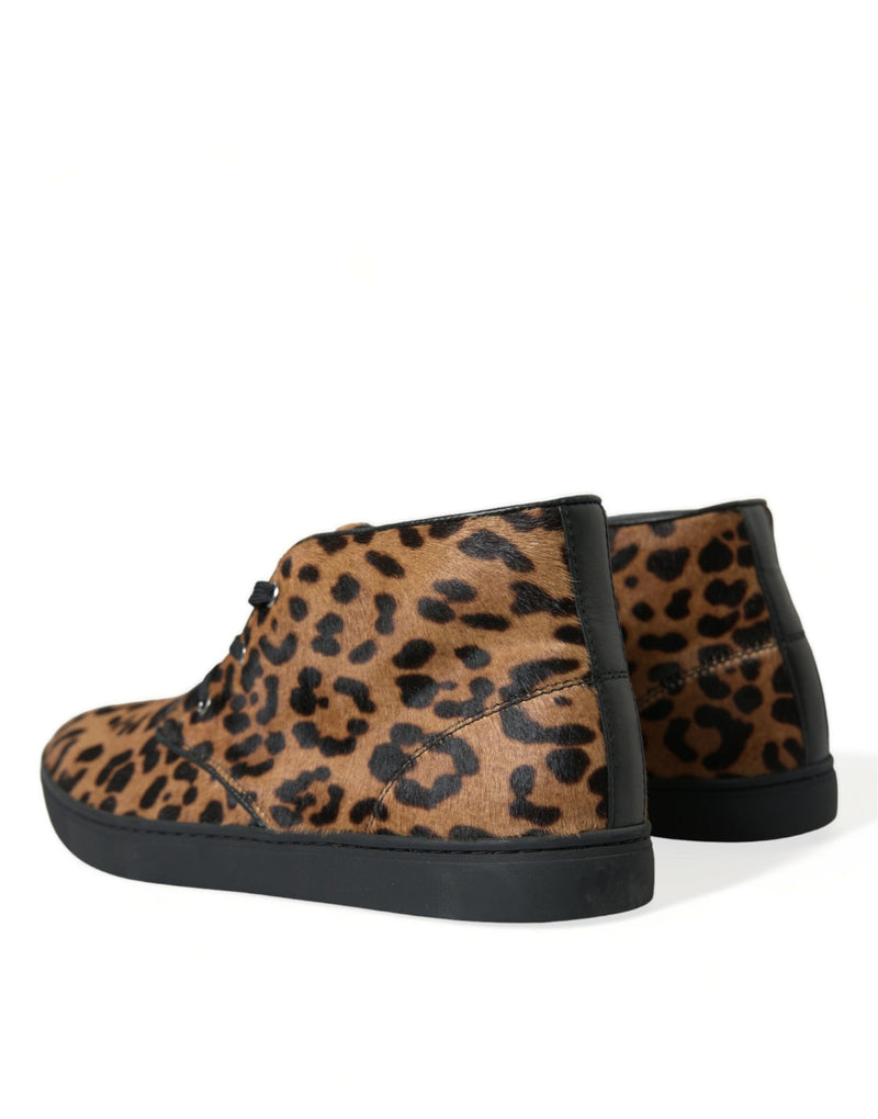 Dolce & Gabbana Sneakers en Cuir et Cheval Épais Léopard Marron