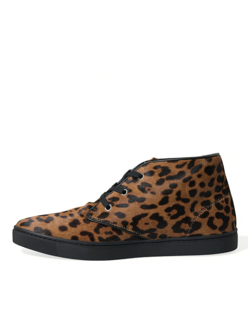 Dolce & Gabbana Sneakers en Cuir et Cheval Épais Léopard Marron
