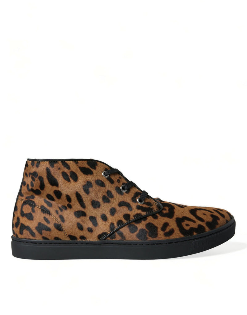 Dolce & Gabbana Sneakers en Cuir et Cheval Épais Léopard Marron
