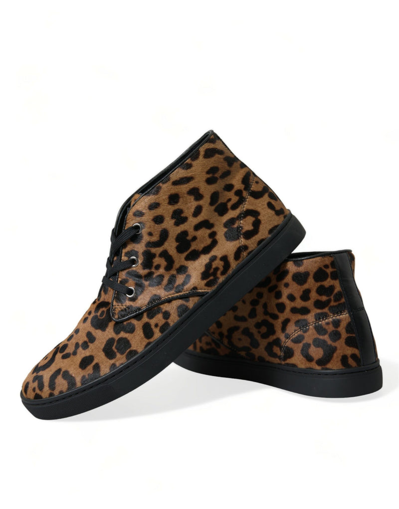 Dolce & Gabbana Sneakers en Cuir et Cheval Épais Léopard Marron