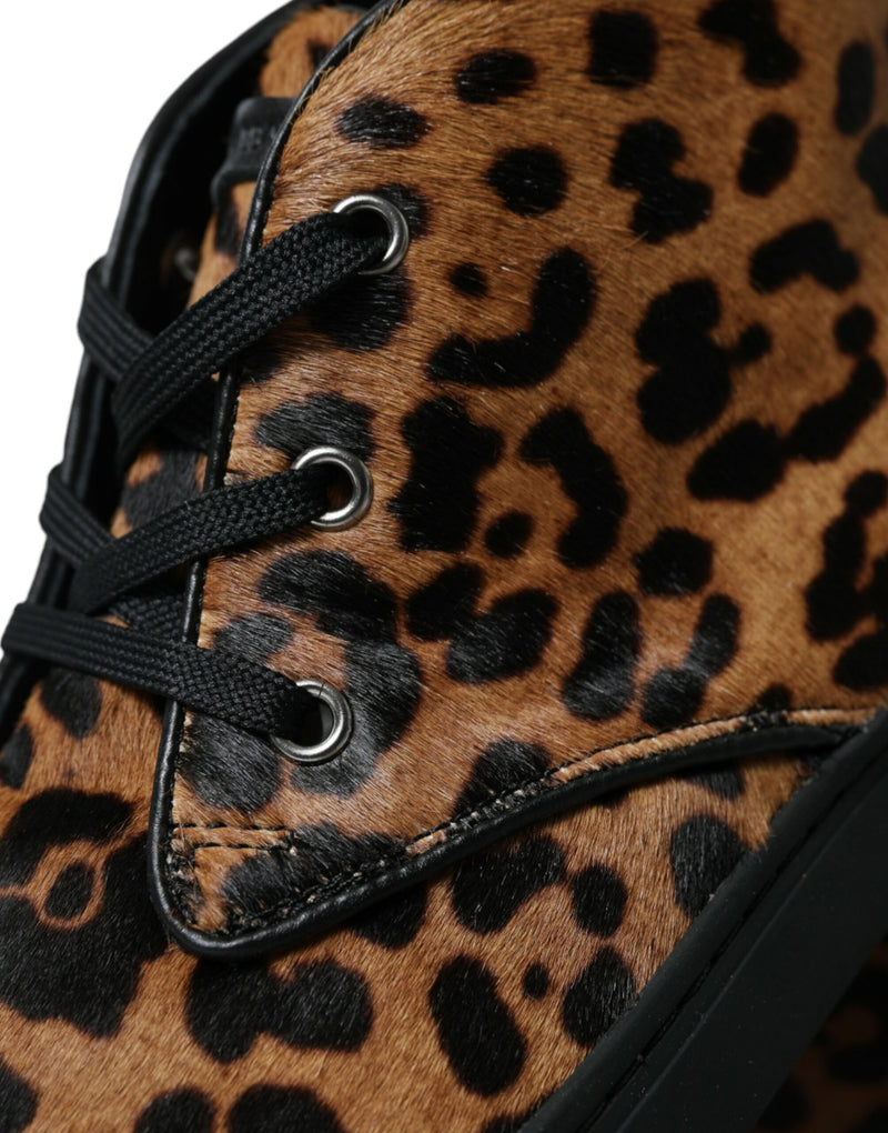 Dolce & Gabbana Sneakers en Cuir et Cheval Épais Léopard Marron