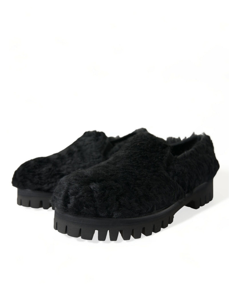 Dolce & Gabbana Black Fur Leather Slippers - Luxurious Comfort