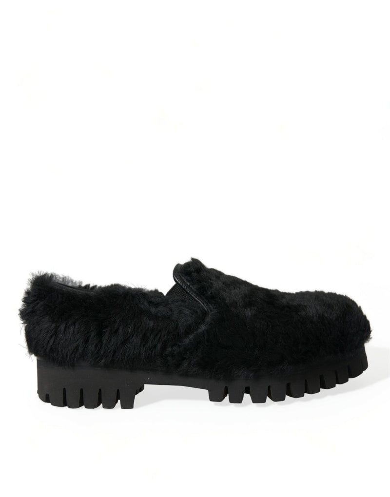 Dolce & Gabbana Black Fur Leather Slippers - Luxurious Comfort