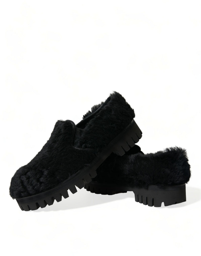 Dolce & Gabbana Black Fur Leather Slippers - Luxurious Comfort
