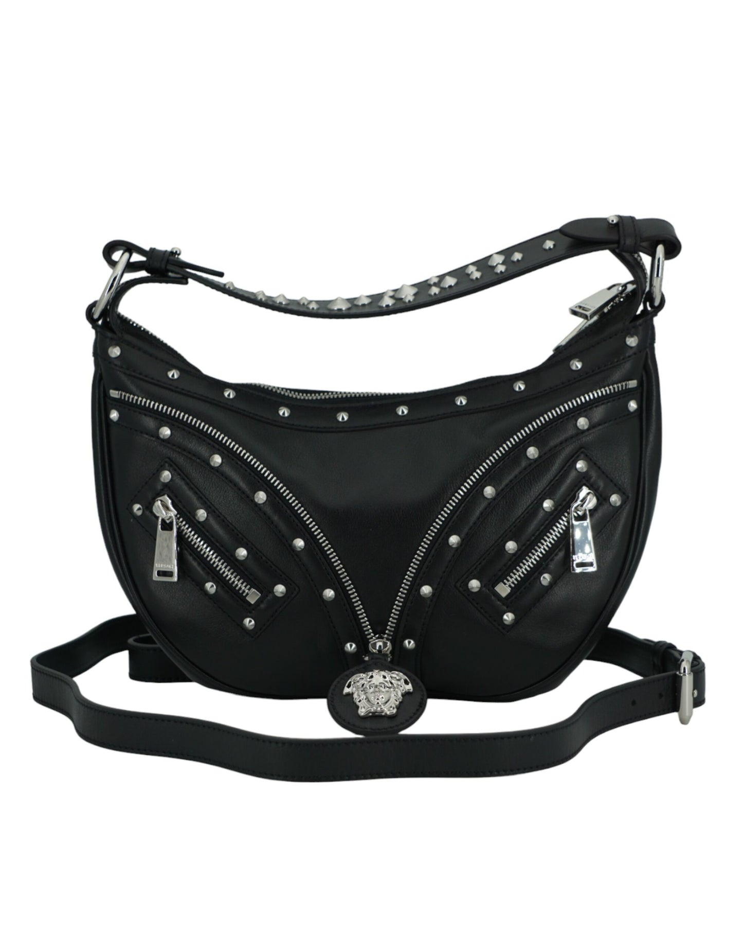 Versace Elegante Zwarte Leren Hobo Schoudertas