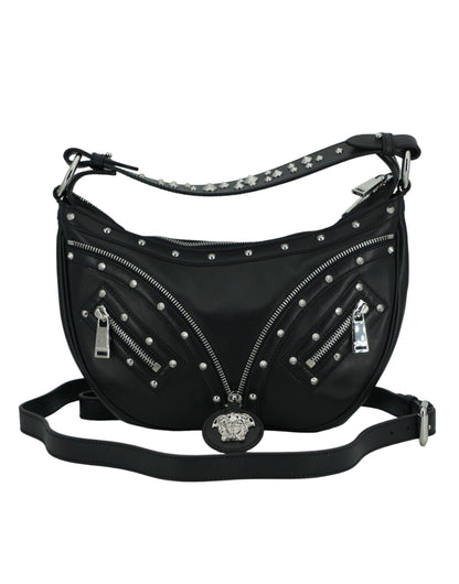 Versace Elegante Zwarte Leren Hobo Schoudertas