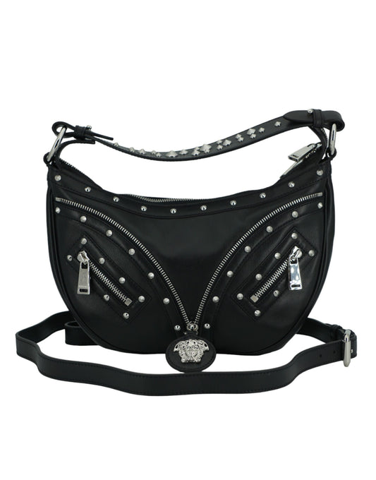 Versace Elegante Zwarte Leren Hobo Schoudertas