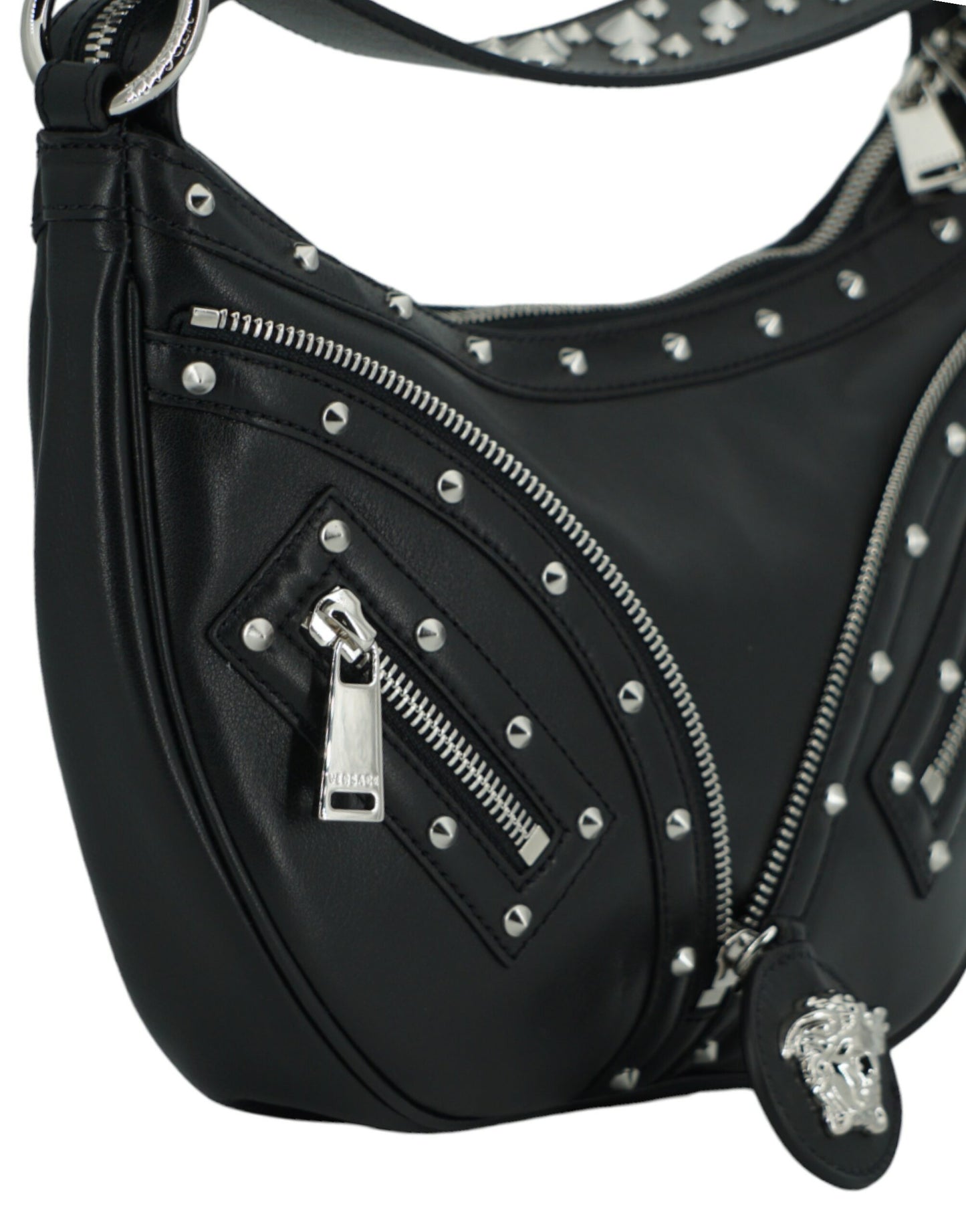 Versace Elegante Zwarte Leren Hobo Schoudertas