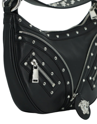 Versace Elegante Zwarte Leren Hobo Schoudertas