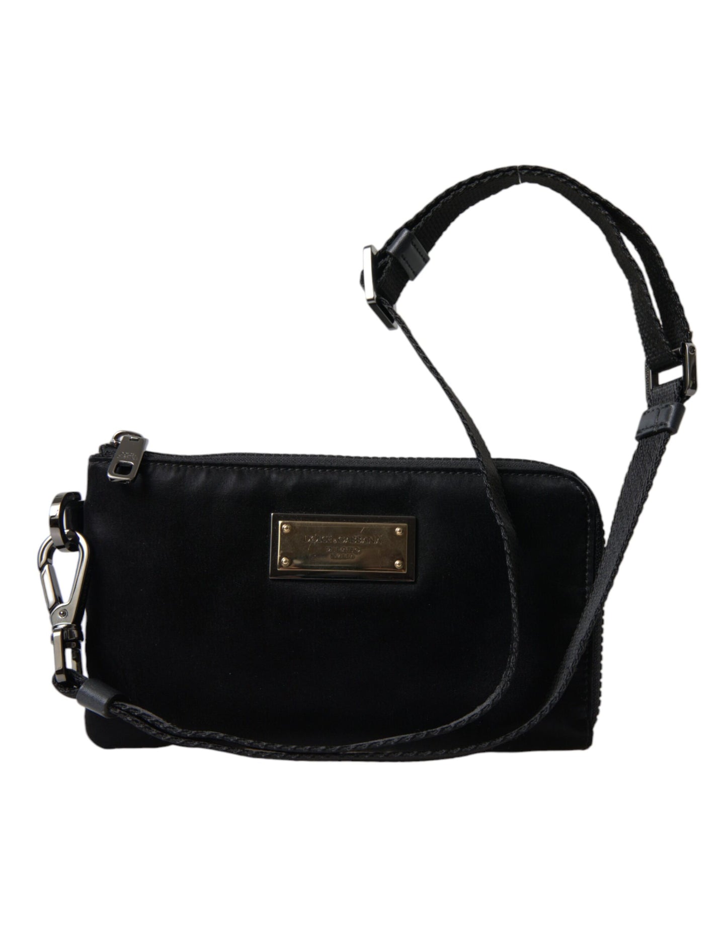 Dolce & Gabbana zwarte nylon logo plaque sleutelhanger clutch tas