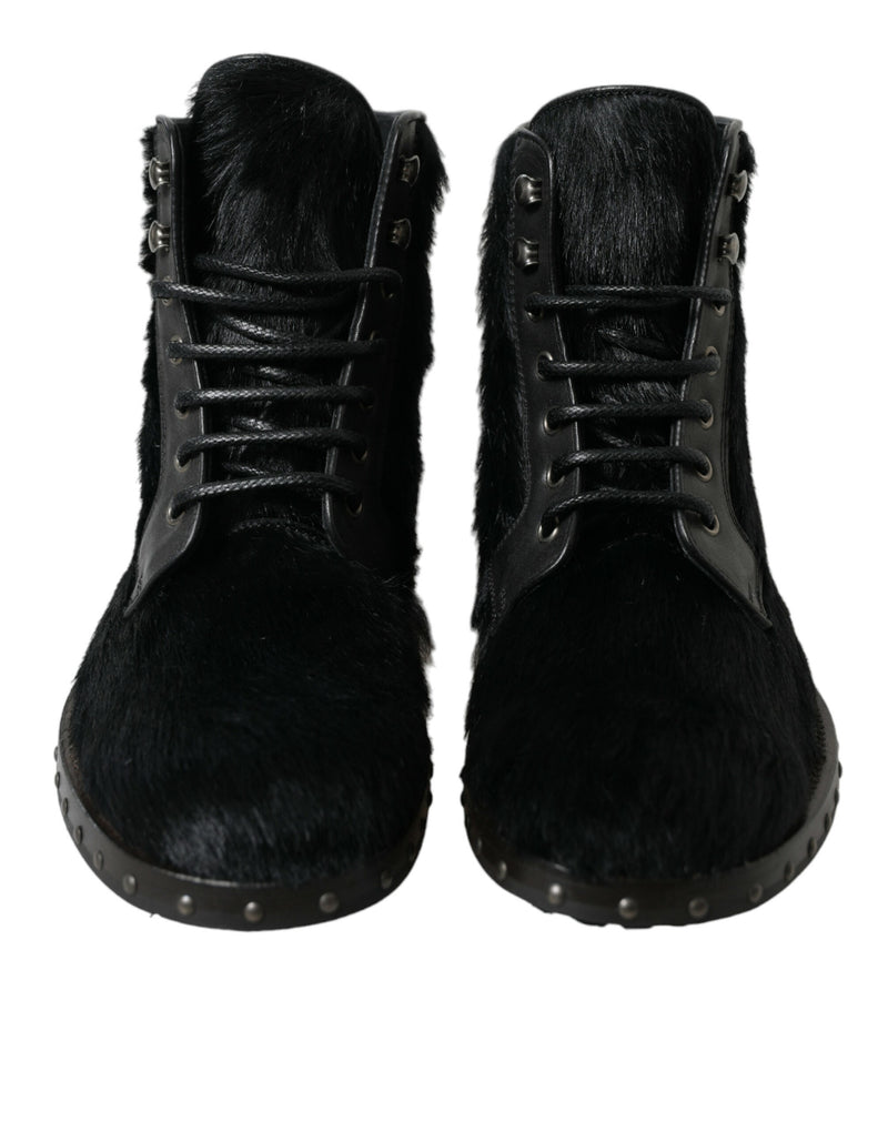 Dolce & Gabbana Black Pony Style Leather Mid Calf Boots