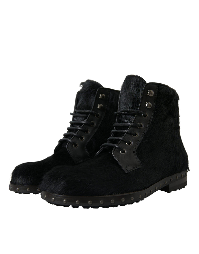 Dolce & Gabbana Black Pony Style Leather Mid Calf Boots