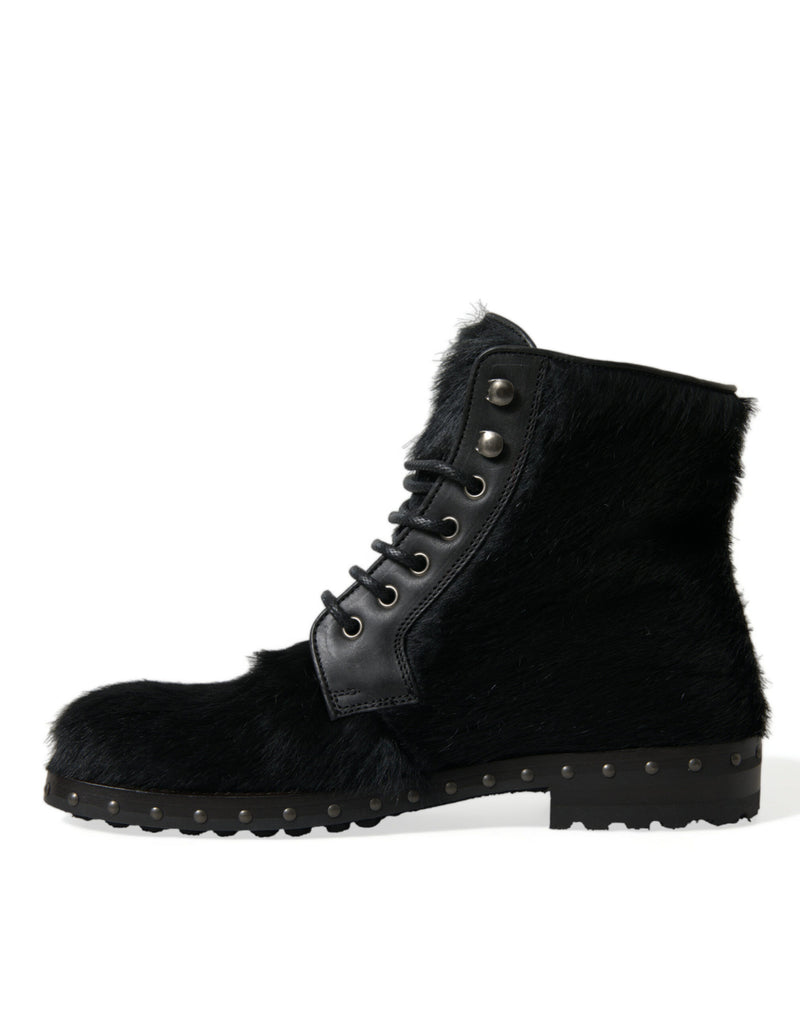 Dolce & Gabbana Black Pony Style Leather Mid Calf Boots