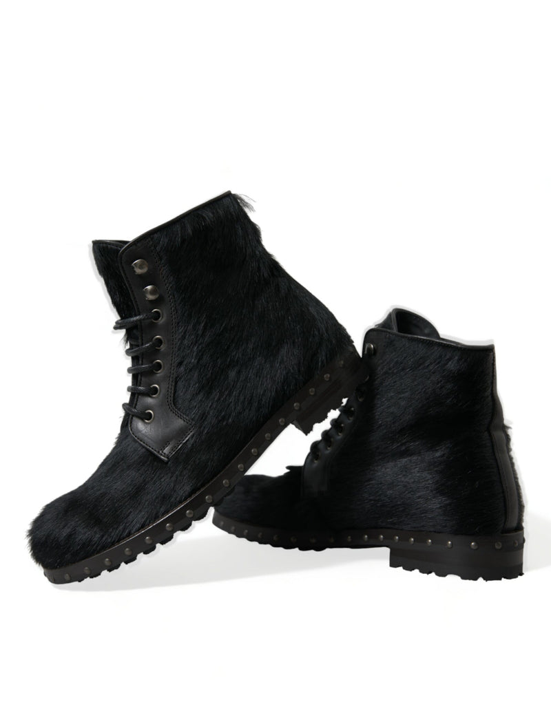 Dolce & Gabbana Black Pony Style Leather Mid Calf Boots