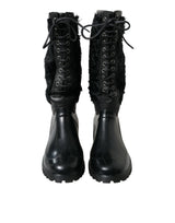 Dolce & Gabbana Black Rubber Lace Up Shearling Rain Boots