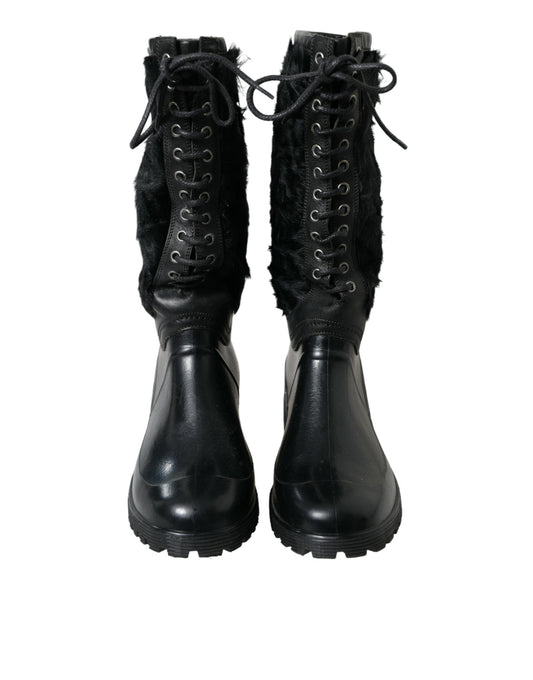 Dolce & Gabbana Black Rubber Lace Up Shearling Rain Boots