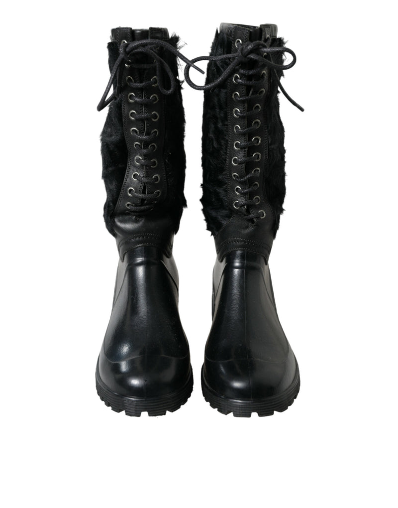 Dolce & Gabbana Black Rubber Lace Up Shearling Rain Boots