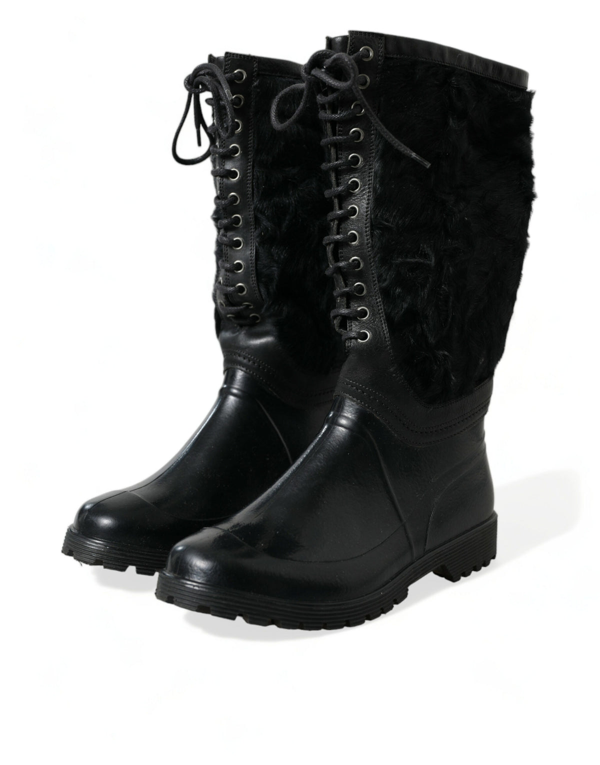 Dolce & Gabbana Black Rubber Lace Up Shearling Rain Boots