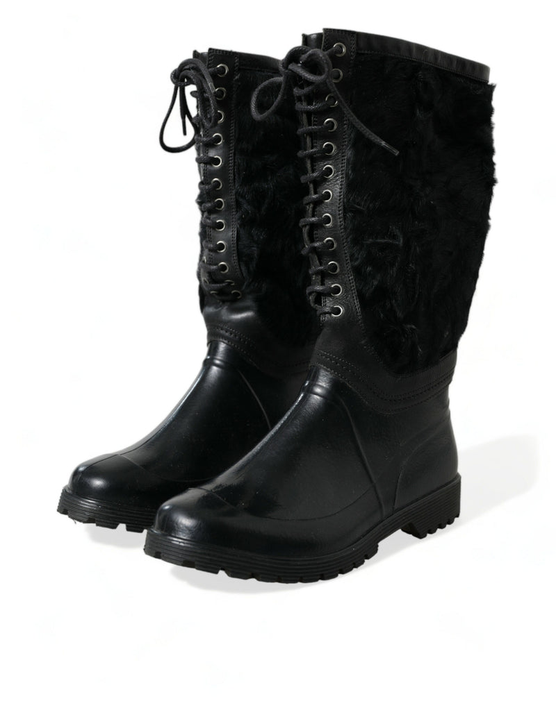 Dolce & Gabbana Black Rubber Lace Up Shearling Rain Boots
