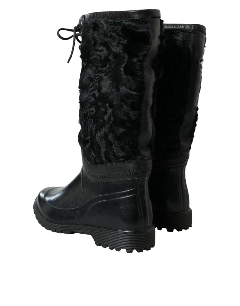 Dolce & Gabbana Black Rubber Lace Up Shearling Rain Boots