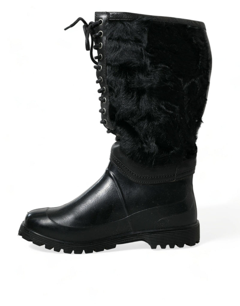Dolce & Gabbana Black Rubber Lace Up Shearling Rain Boots