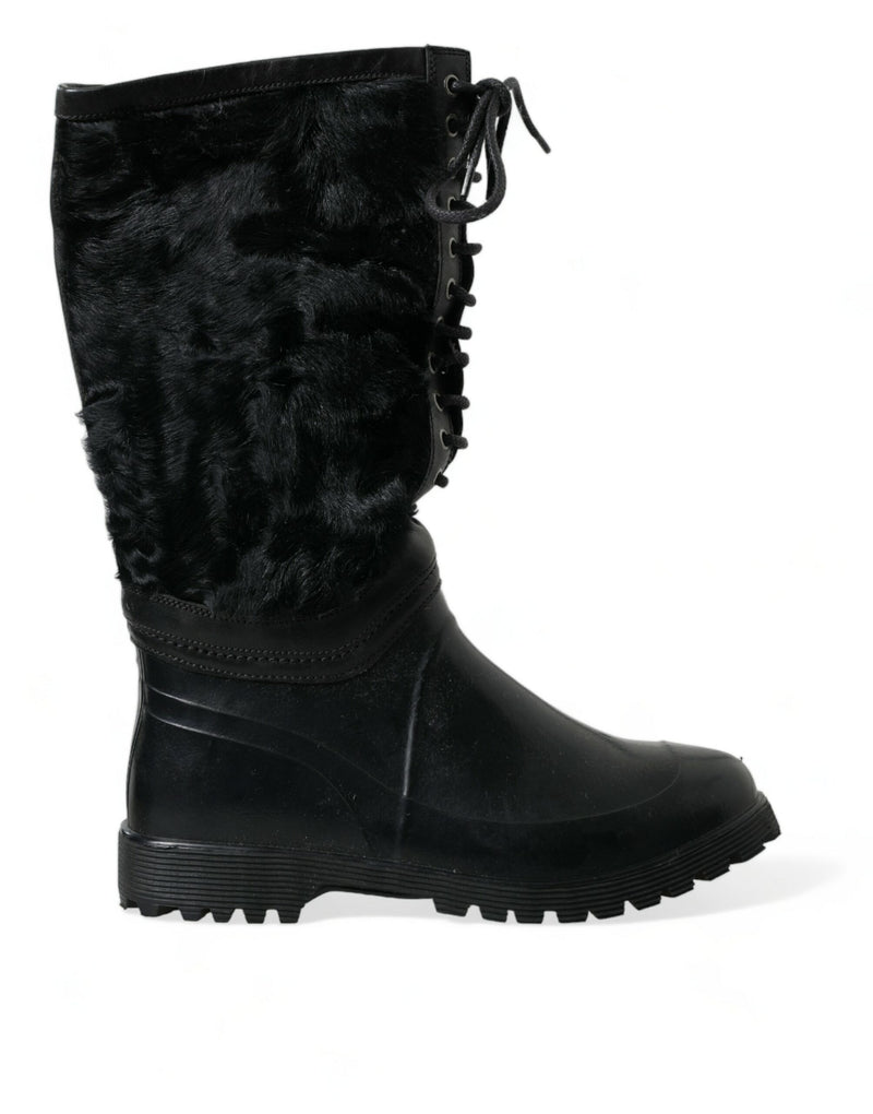 Dolce & Gabbana Black Rubber Lace Up Shearling Rain Boots