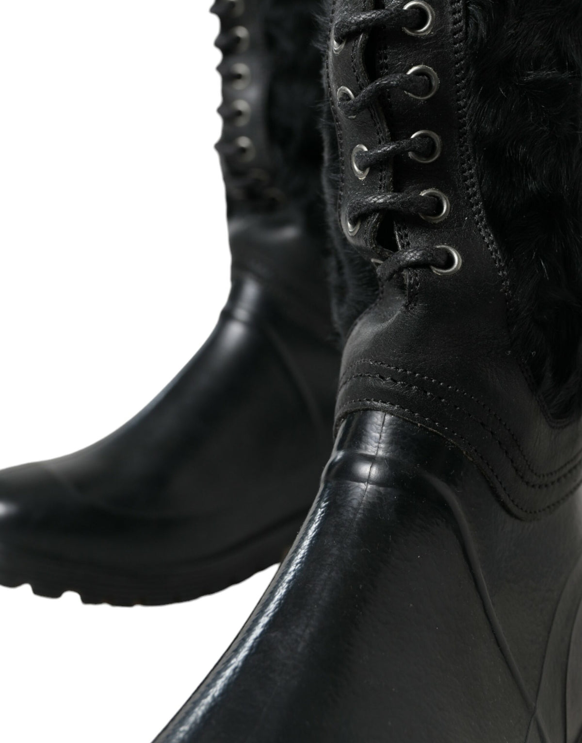 Dolce & Gabbana Black Rubber Lace Up Shearling Rain Boots
