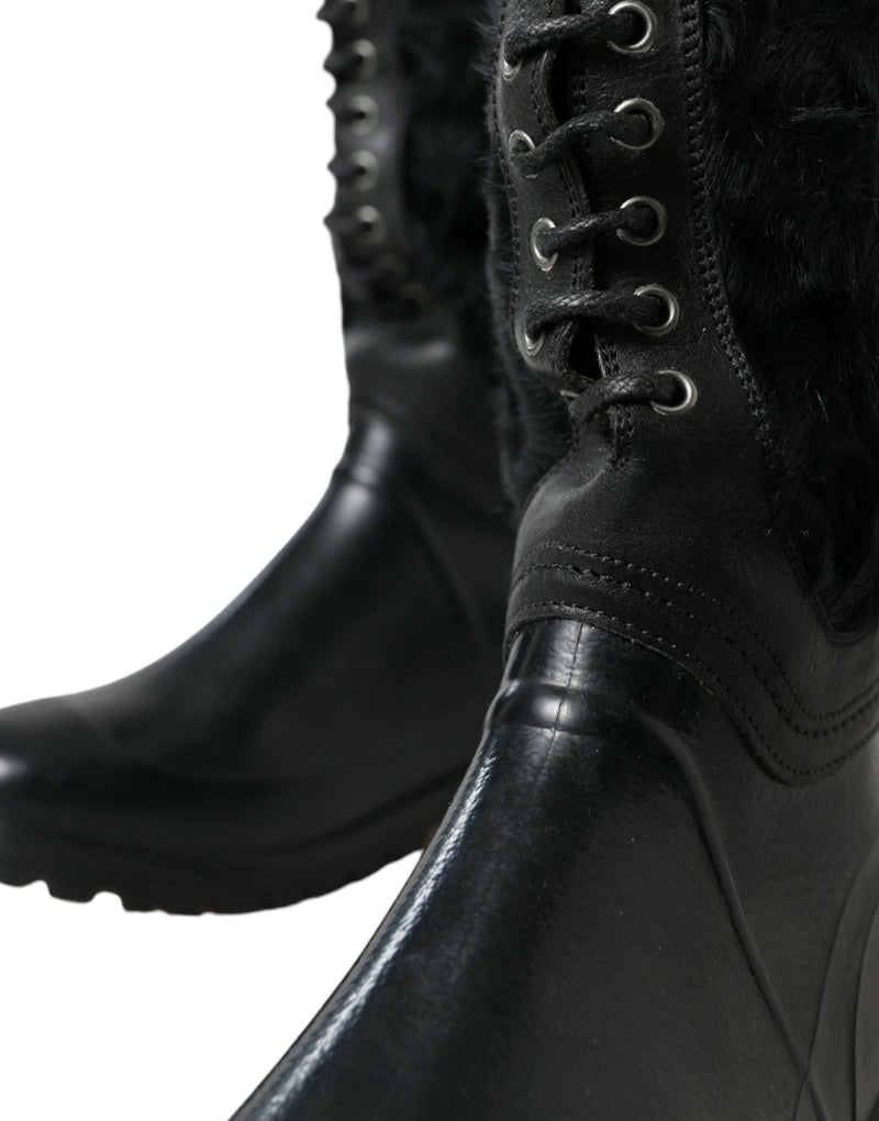 Dolce & Gabbana Black Rubber Lace Up Shearling Rain Boots